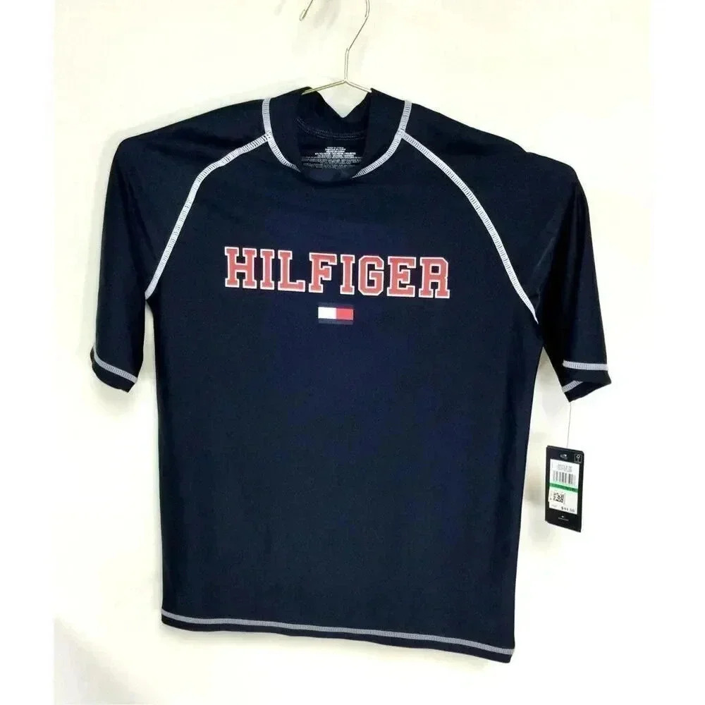 NWT Tommy Hilfiger Boy's Navy Blazer Short Sleeve Mock Neck Rashguard Size Large
